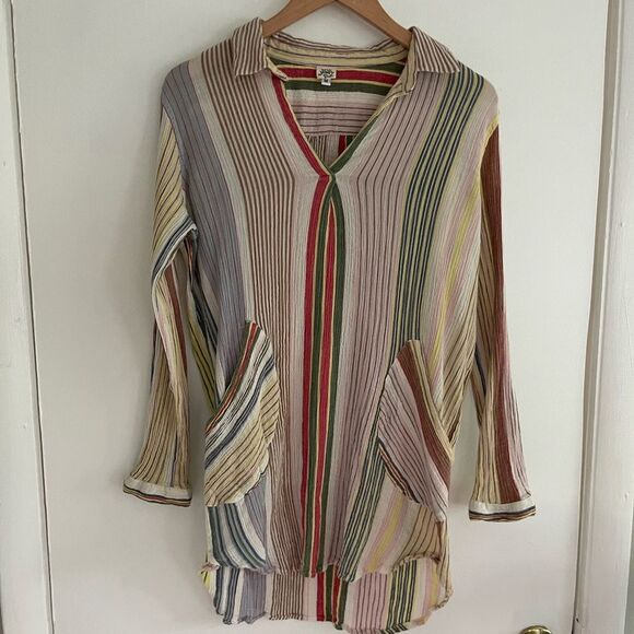 Ivy Jane Popover Cotton Gauze Tunic Top in Multicolor Stripe - Picture 1 of 6